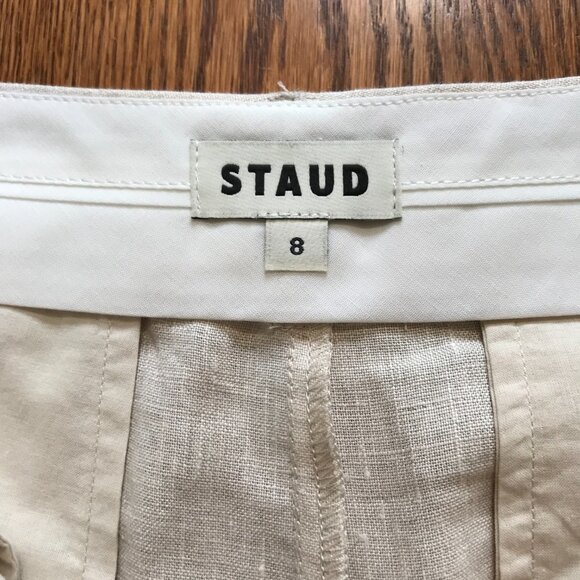 STAUD Cruz Linen Pleated Bermuda Shorts Womens 8 Natural Tan High Rise Beige - Picture 8 of 13